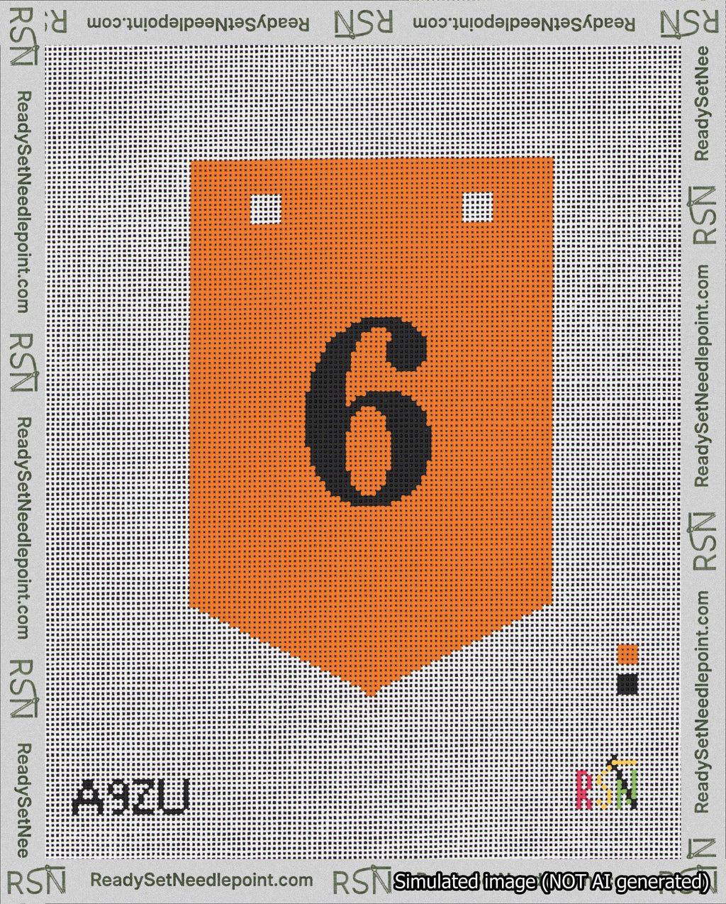 A taped needlepoint canvas with the design: Banner 18 mesh count Pointed 6 Black on Orange.