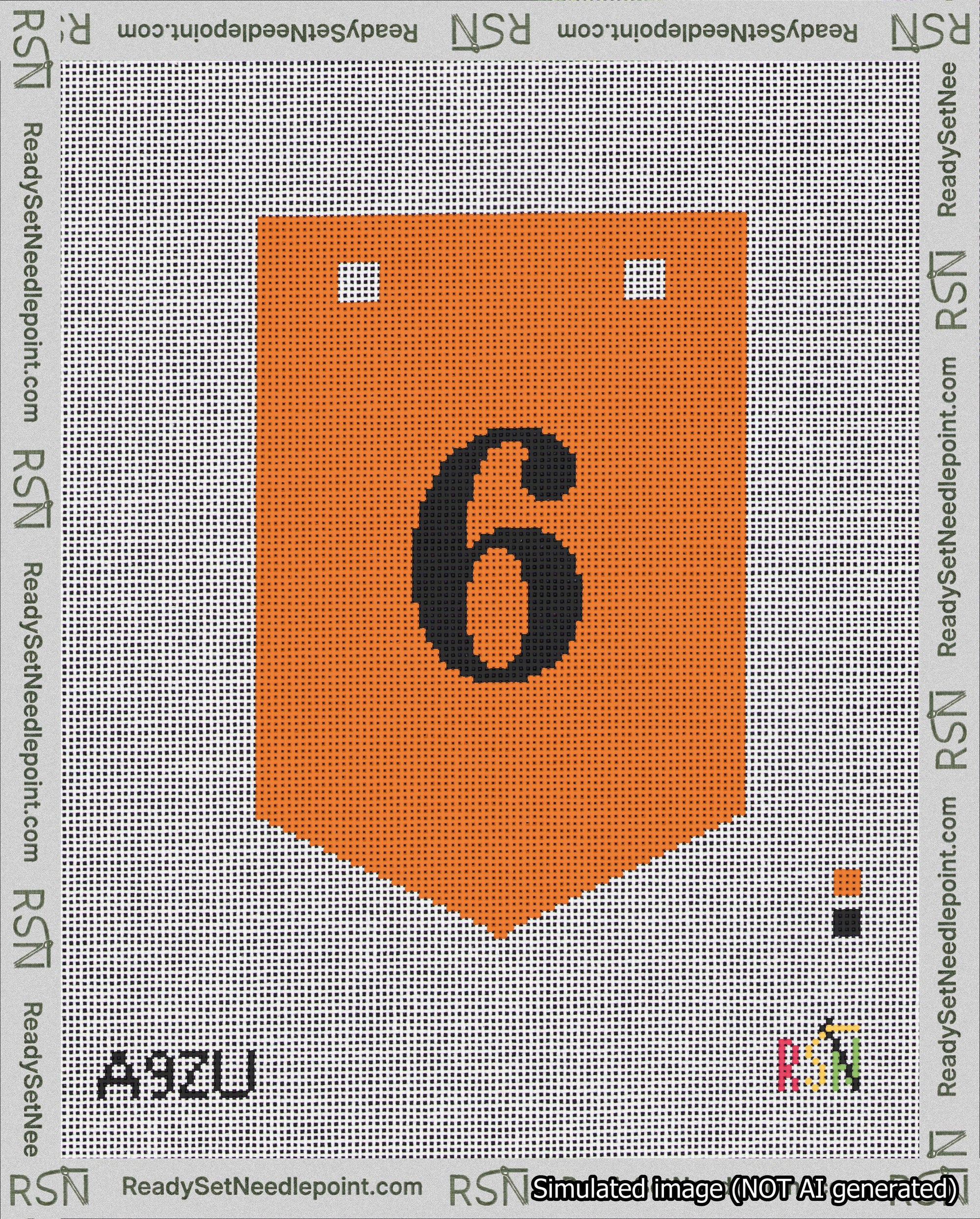 A taped needlepoint canvas with the design: Banner 18 mesh count Pointed 6 Black on Orange.