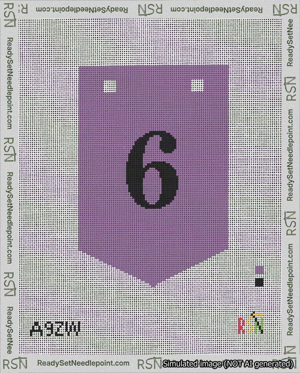 A taped needlepoint canvas with the design: Banner 18 mesh count Pointed 6 Black on Purple.