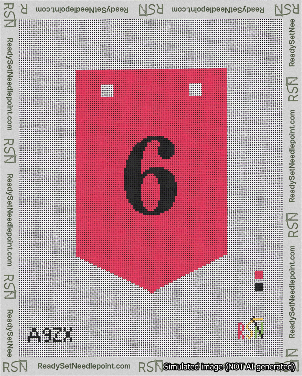 A taped needlepoint canvas with the design: Banner 18 mesh count Pointed 6 Black on Red.