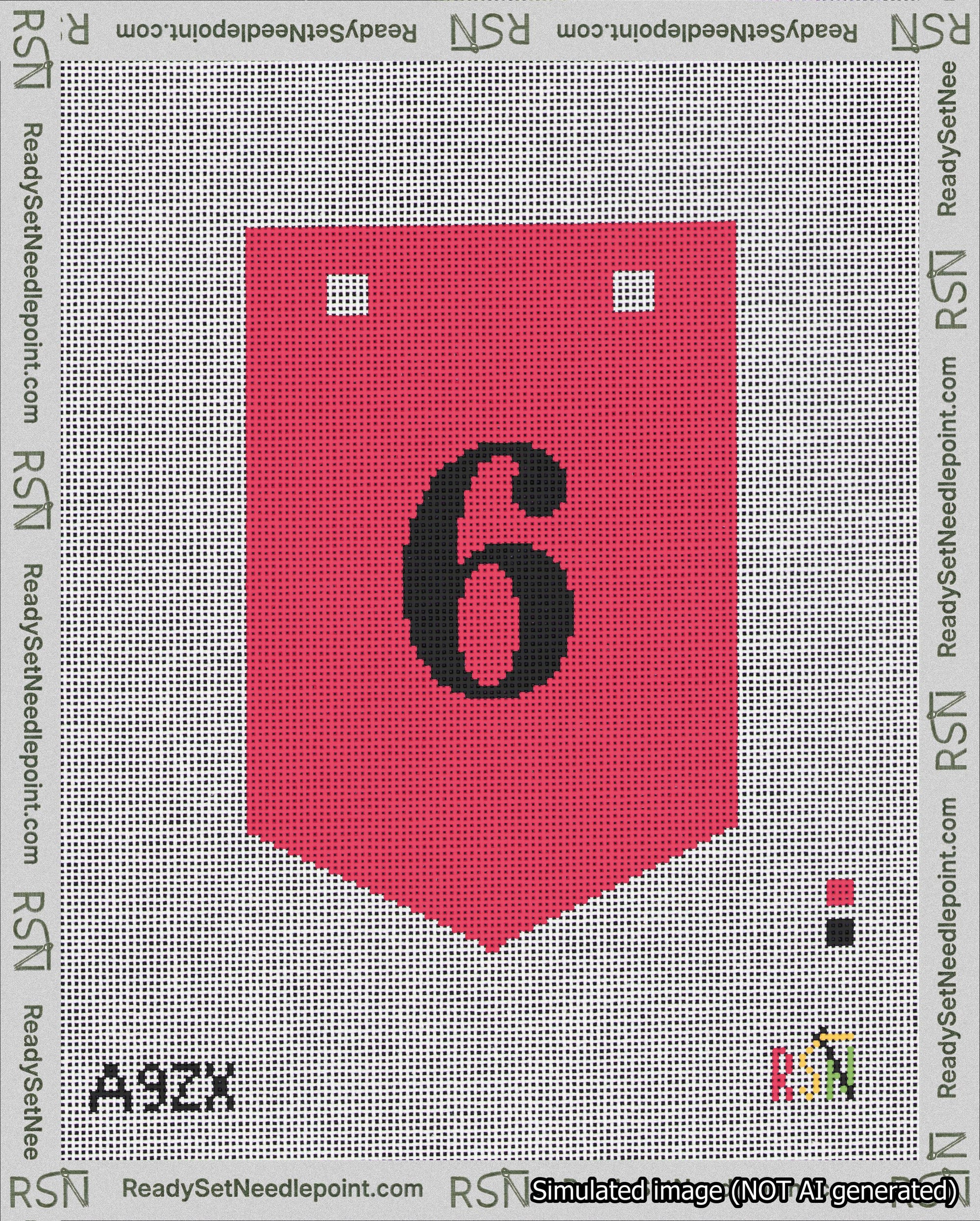 A taped needlepoint canvas with the design: Banner 18 mesh count Pointed 6 Black on Red.