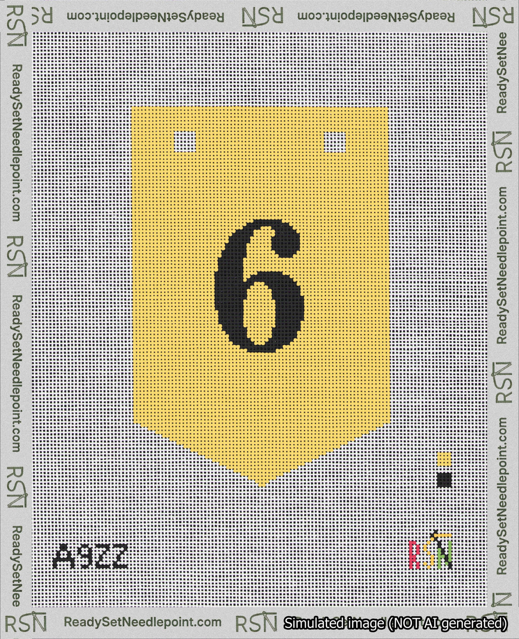 A taped needlepoint canvas with the design: Banner 18 mesh count Pointed 6 Black on Yellow.