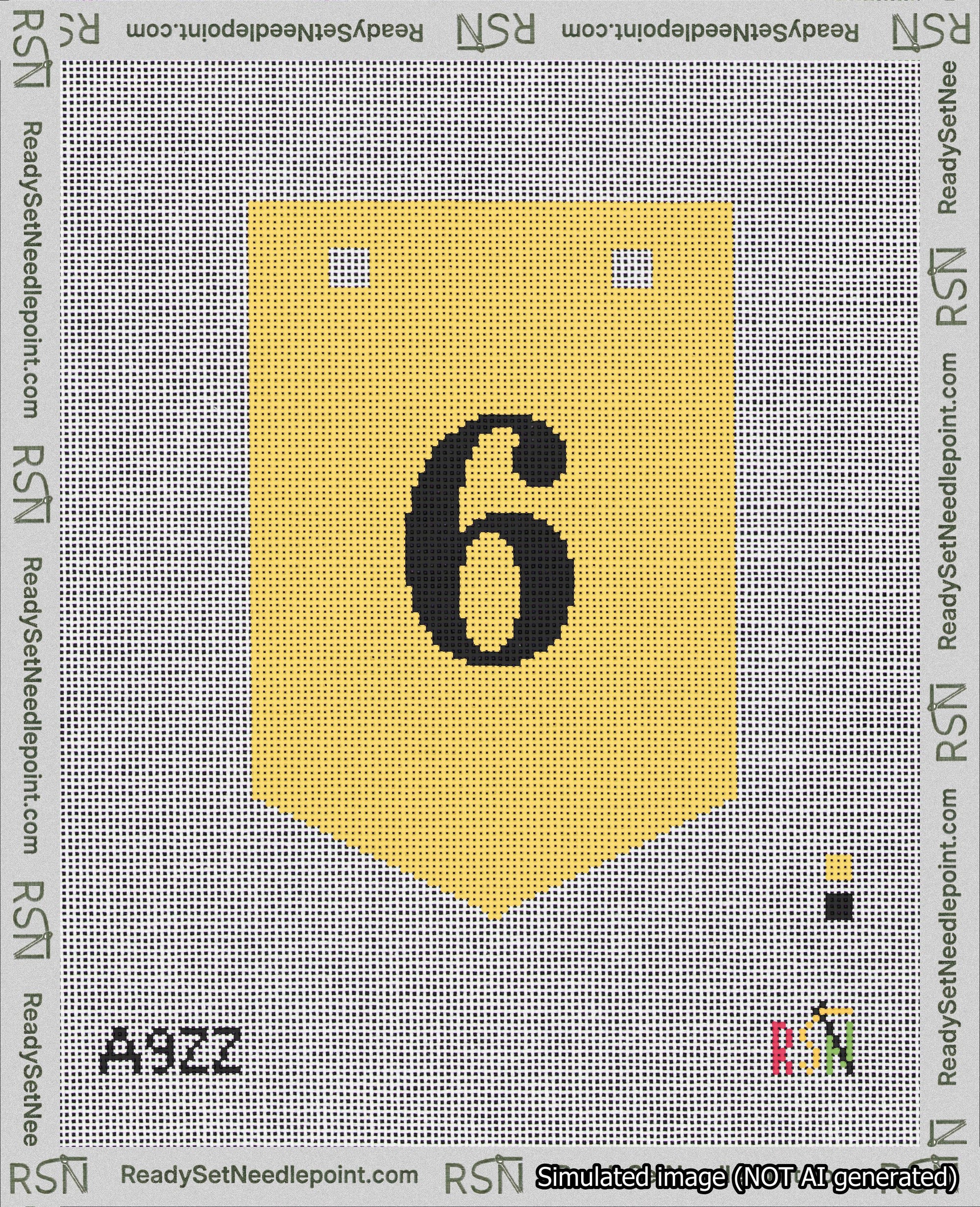 A taped needlepoint canvas with the design: Banner 18 mesh count Pointed 6 Black on Yellow.