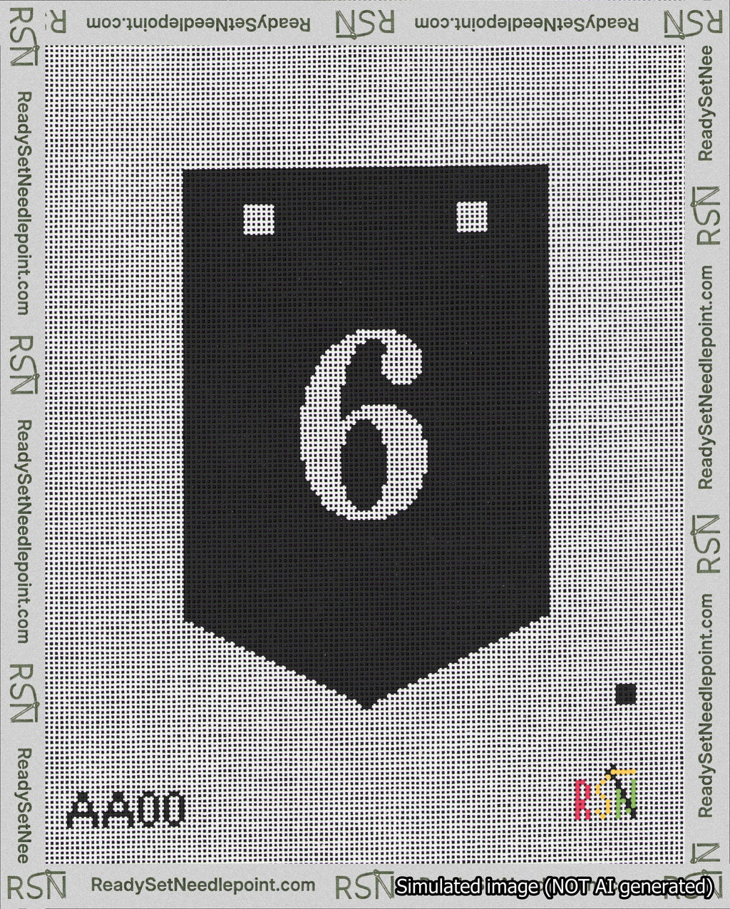 A taped needlepoint canvas with the design: Banner 18 mesh count Pointed 6 White on Black.