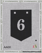 A taped needlepoint canvas with the design: Banner 18 mesh count Pointed 6 White on Black.