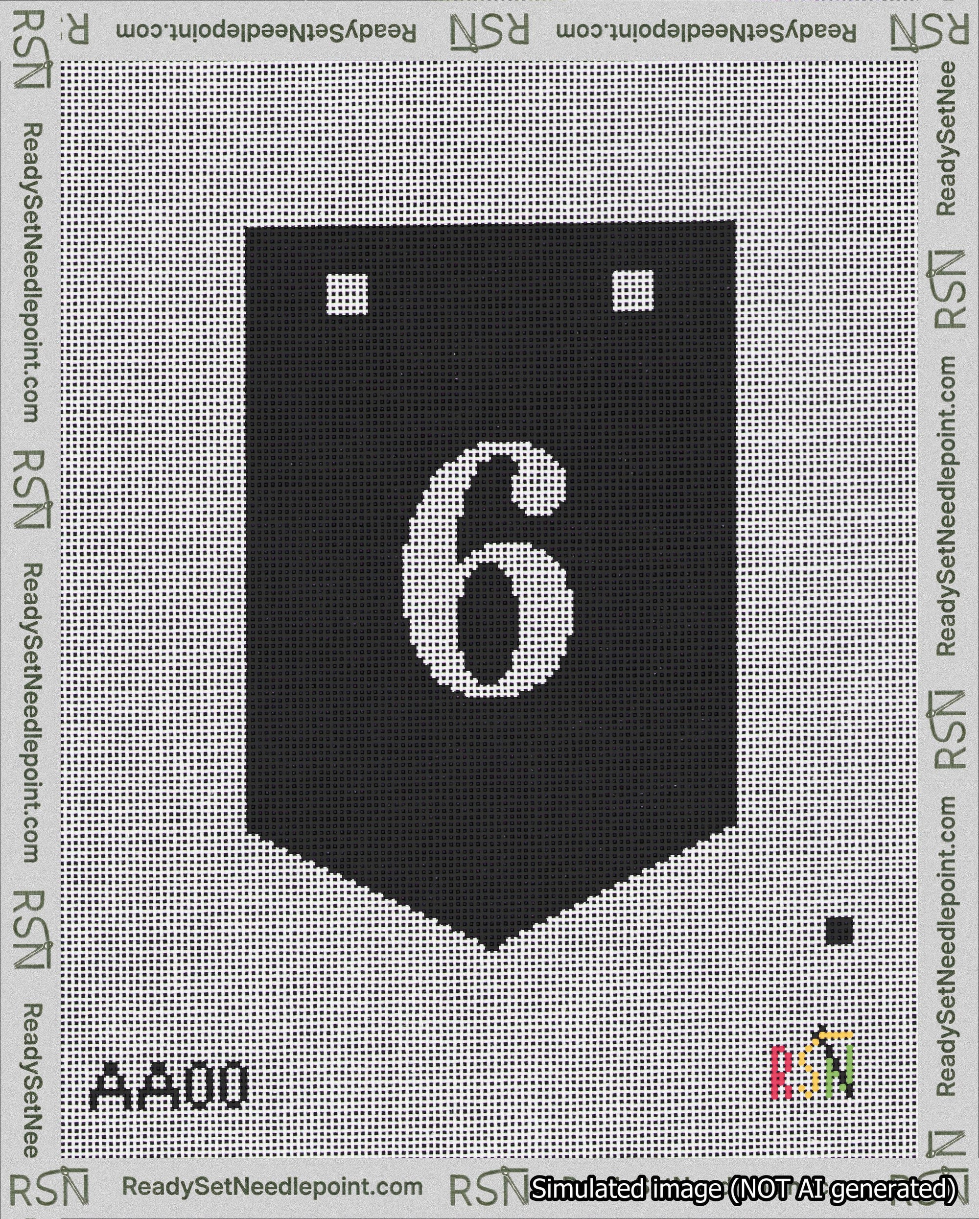 A taped needlepoint canvas with the design: Banner 18 mesh count Pointed 6 White on Black.