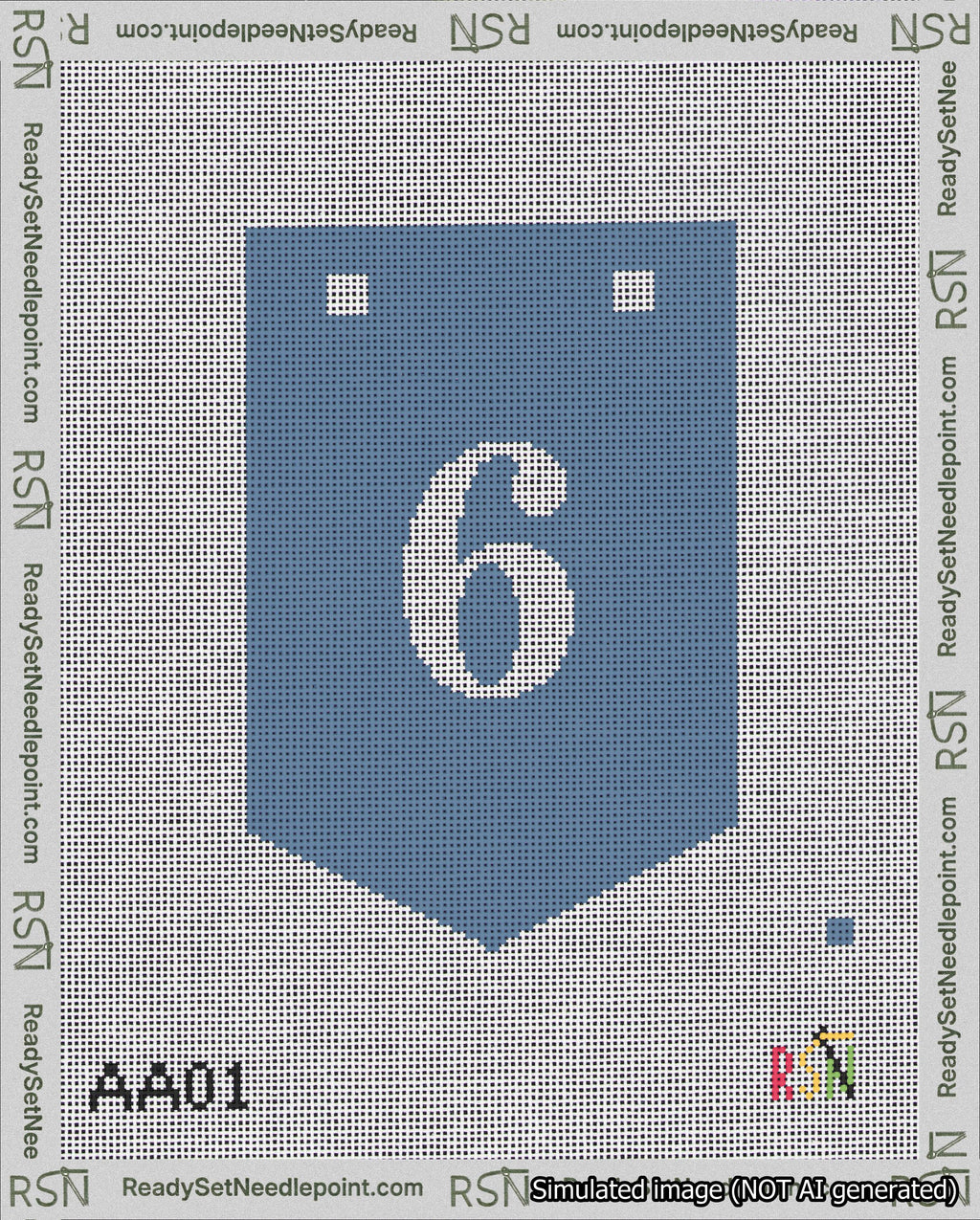 A taped needlepoint canvas with the design: Banner 18 mesh count Pointed 6 White on Blue.