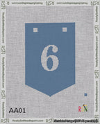 A taped needlepoint canvas with the design: Banner 18 mesh count Pointed 6 White on Blue.
