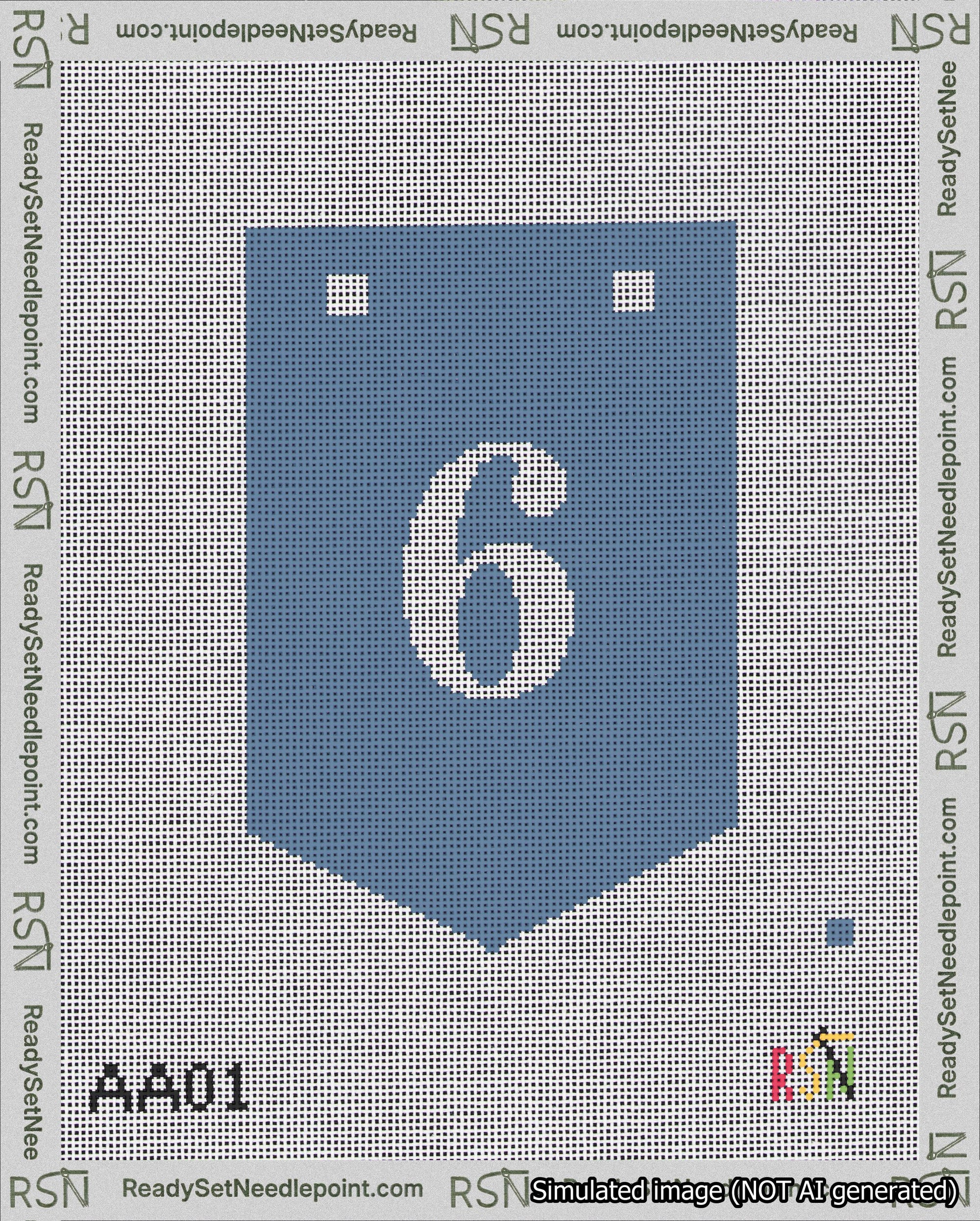 A taped needlepoint canvas with the design: Banner 18 mesh count Pointed 6 White on Blue.