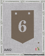 A taped needlepoint canvas with the design: Banner 18 mesh count Pointed 6 White on Brown.