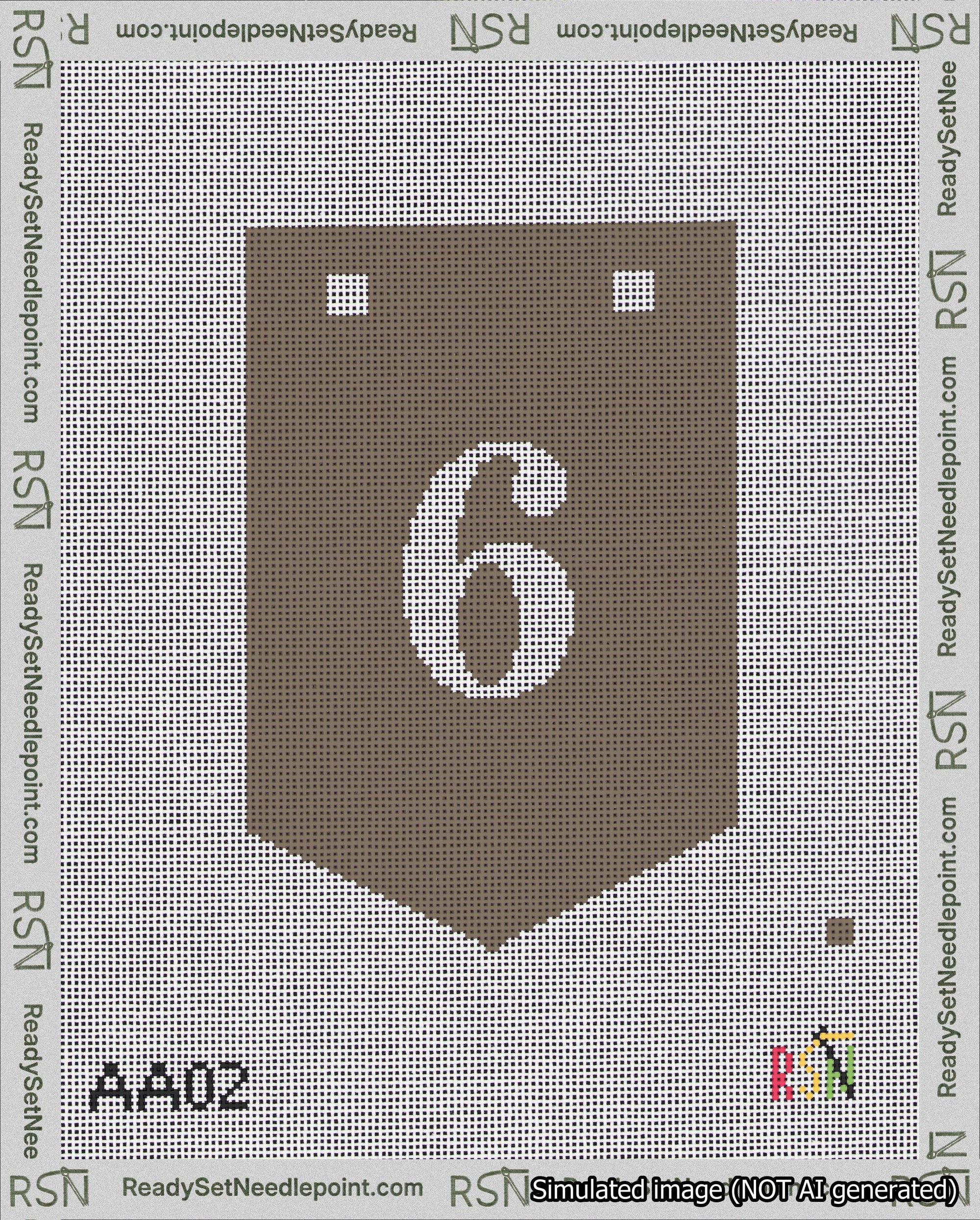 A taped needlepoint canvas with the design: Banner 18 mesh count Pointed 6 White on Brown.