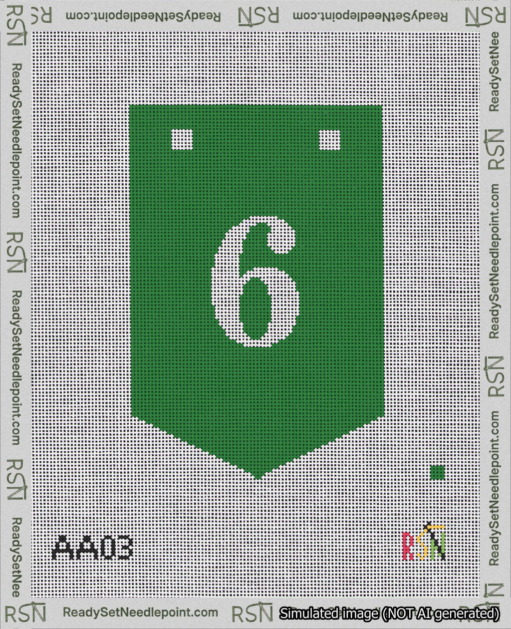 A taped needlepoint canvas with the design: Banner 18 mesh count Pointed 6 White on Green.