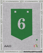 A taped needlepoint canvas with the design: Banner 18 mesh count Pointed 6 White on Green.