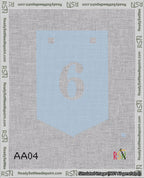 A taped needlepoint canvas with the design: Banner 18 mesh count Pointed 6 White on Light Blue.