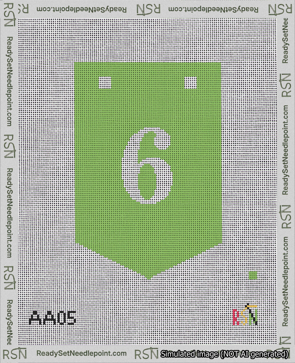 A taped needlepoint canvas with the design: Banner 18 mesh count Pointed 6 White on Light Green.