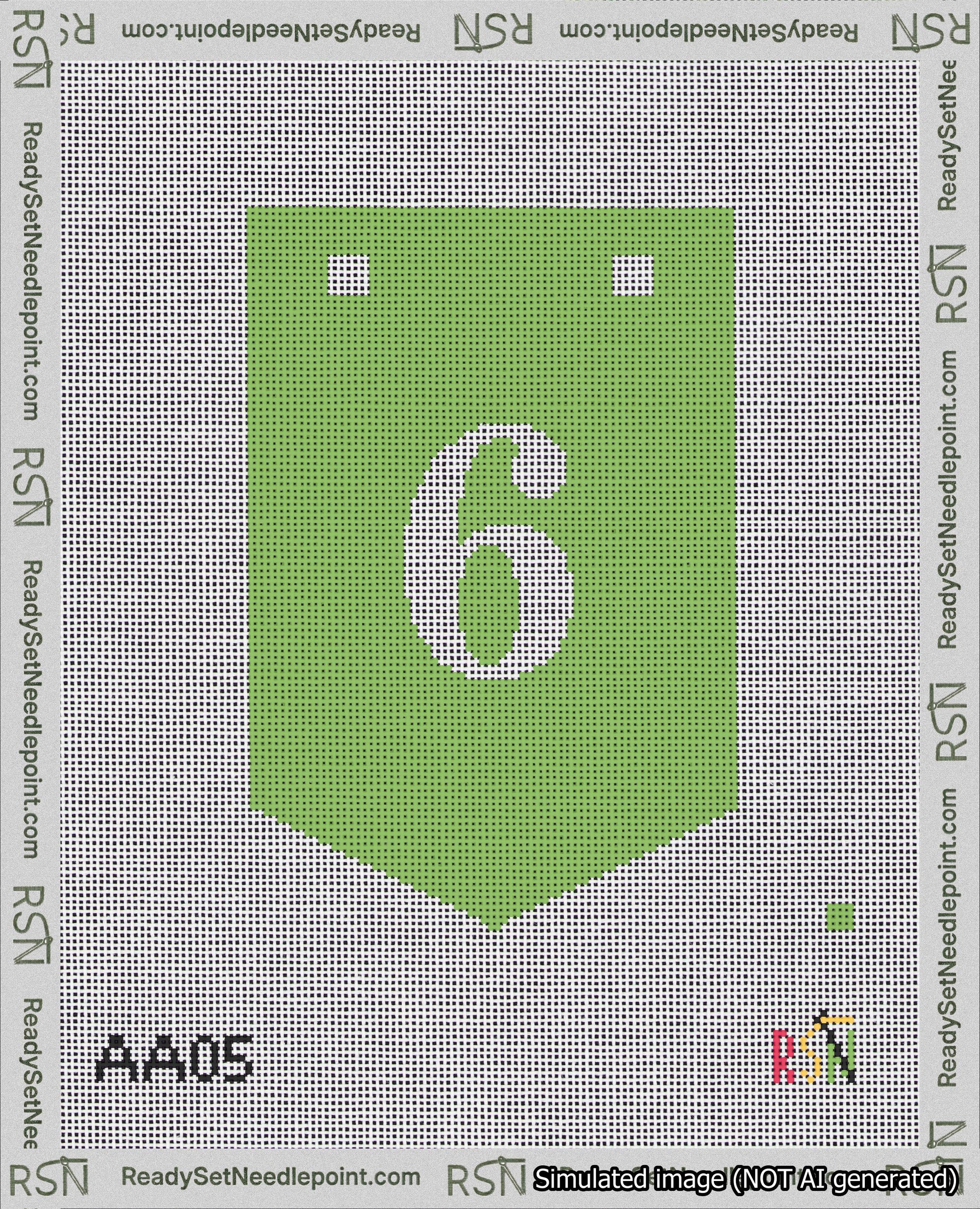 A taped needlepoint canvas with the design: Banner 18 mesh count Pointed 6 White on Light Green.