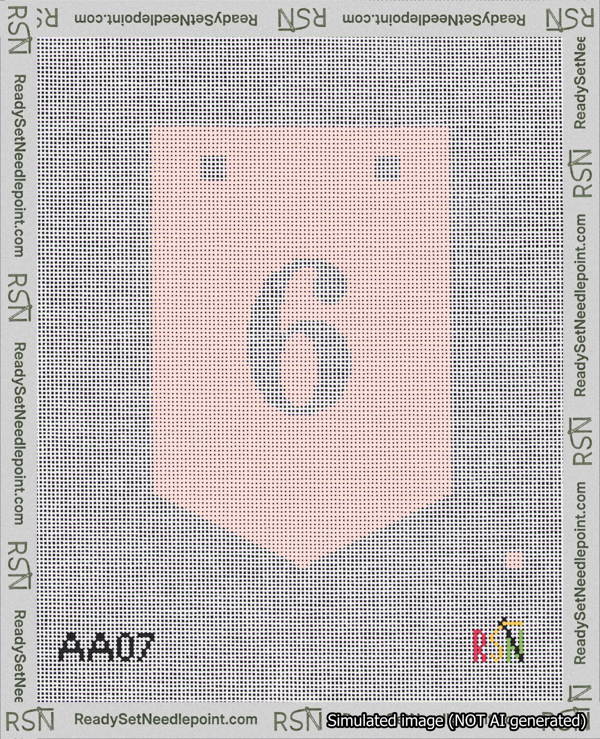 A taped needlepoint canvas with the design: Banner 18 mesh count Pointed 6 White on Pink.