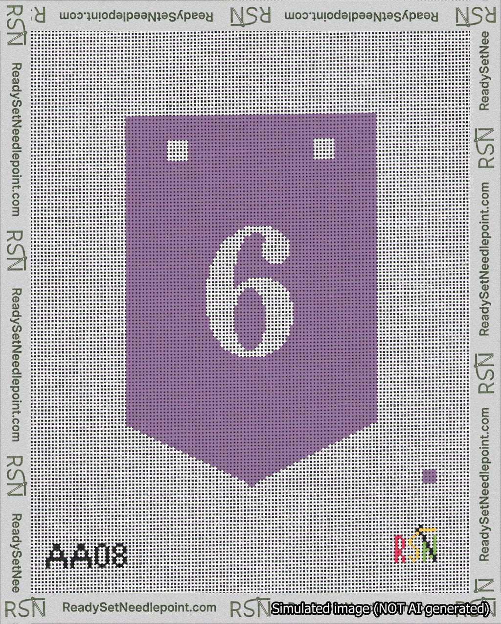 A taped needlepoint canvas with the design: Banner 18 mesh count Pointed 6 White on Purple.