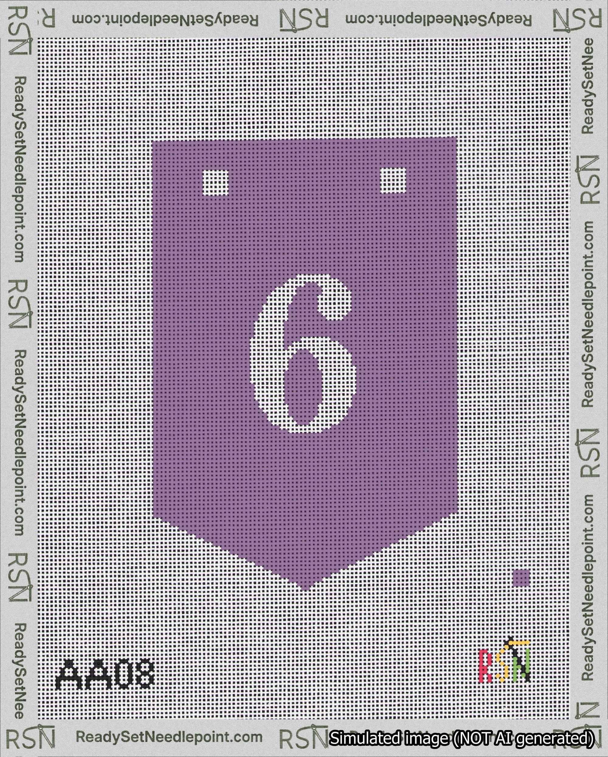 A taped needlepoint canvas with the design: Banner 18 mesh count Pointed 6 White on Purple.