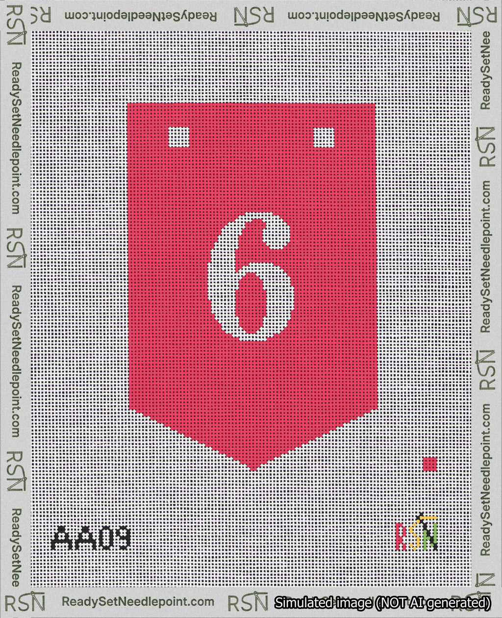 A taped needlepoint canvas with the design: Banner 18 mesh count Pointed 6 White on Red.