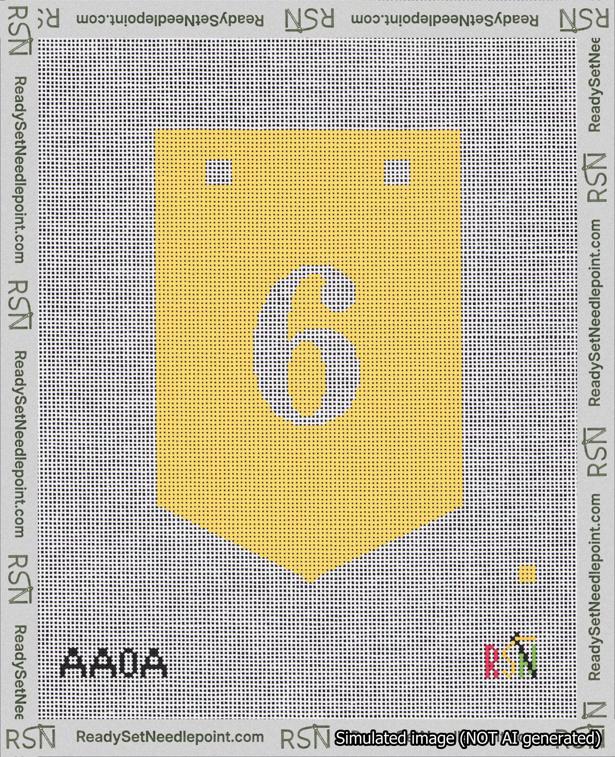 A taped needlepoint canvas with the design: Banner 18 mesh count Pointed 6 White on Yellow.
