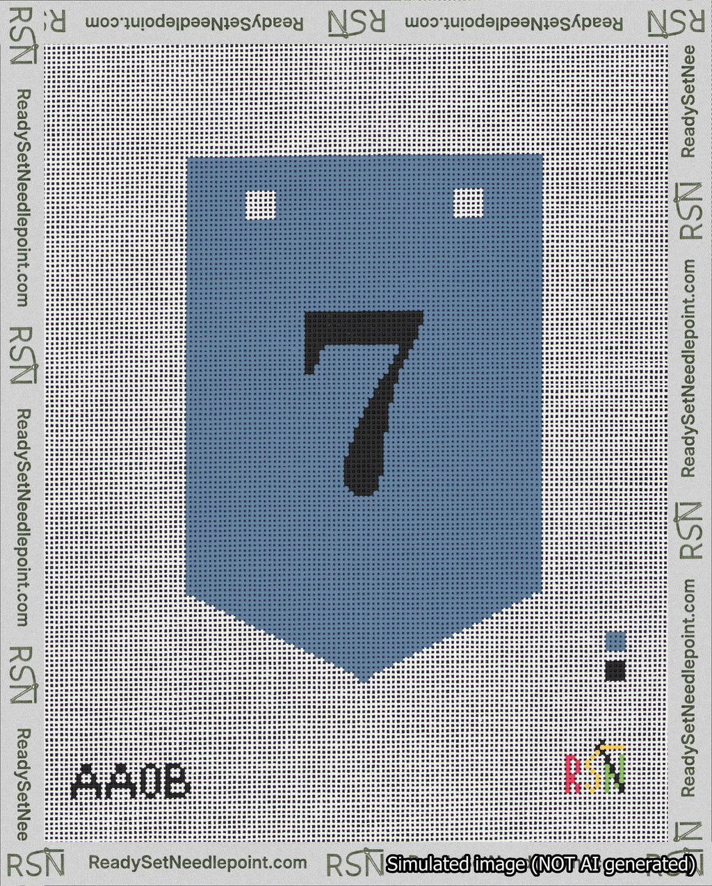 A taped needlepoint canvas with the design: Banner 18 mesh count Pointed 7 Black on Blue.