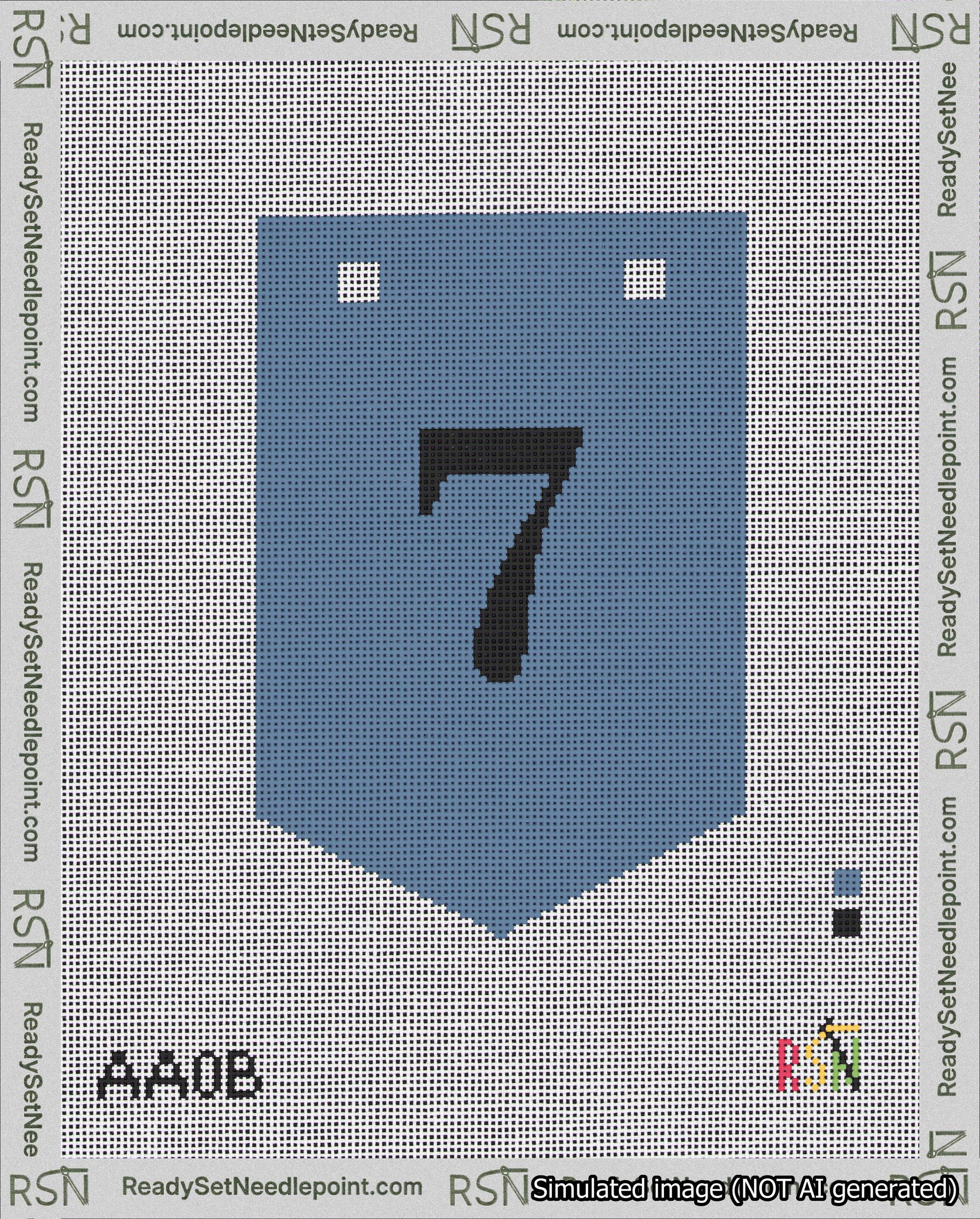 A taped needlepoint canvas with the design: Banner 18 mesh count Pointed 7 Black on Blue.
