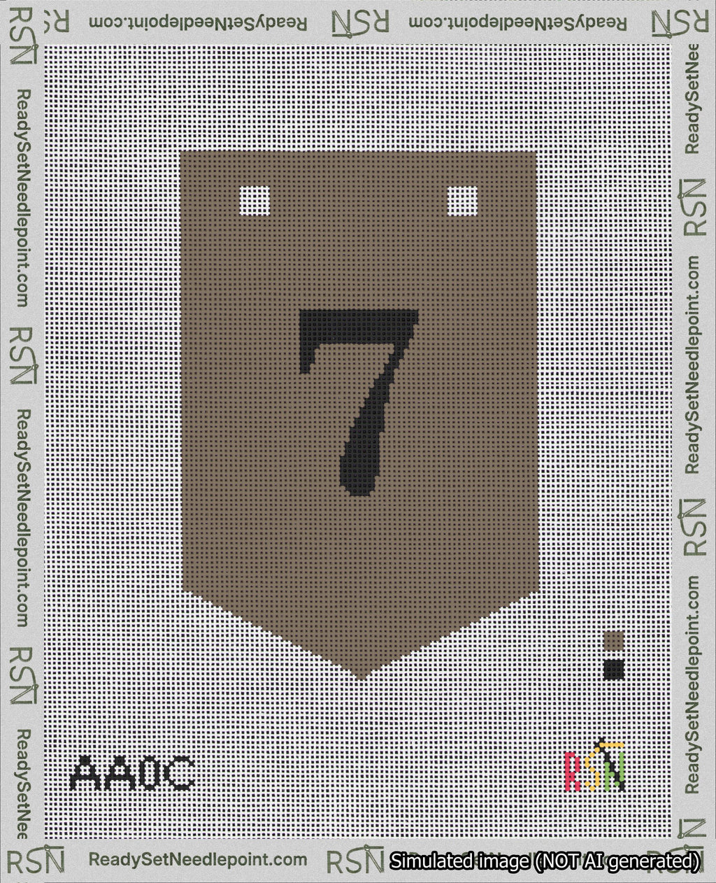 A taped needlepoint canvas with the design: Banner 18 mesh count Pointed 7 Black on Brown.