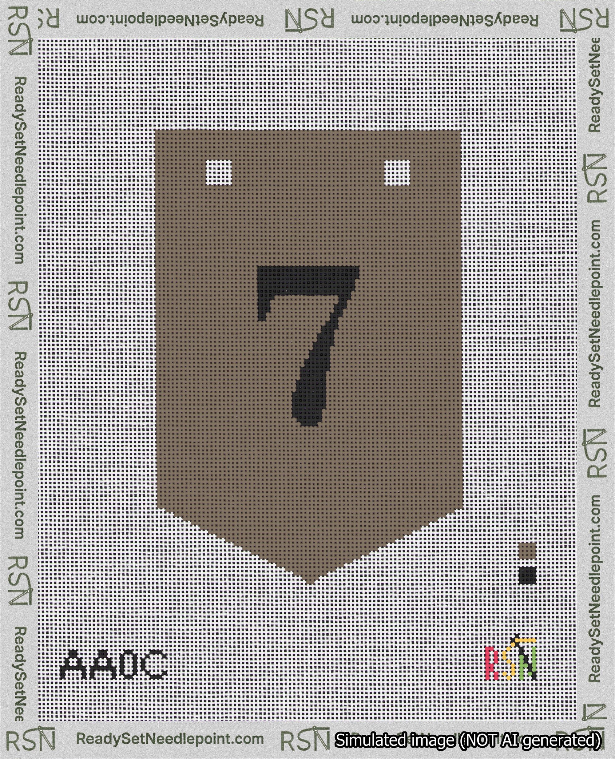 A taped needlepoint canvas with the design: Banner 18 mesh count Pointed 7 Black on Brown.