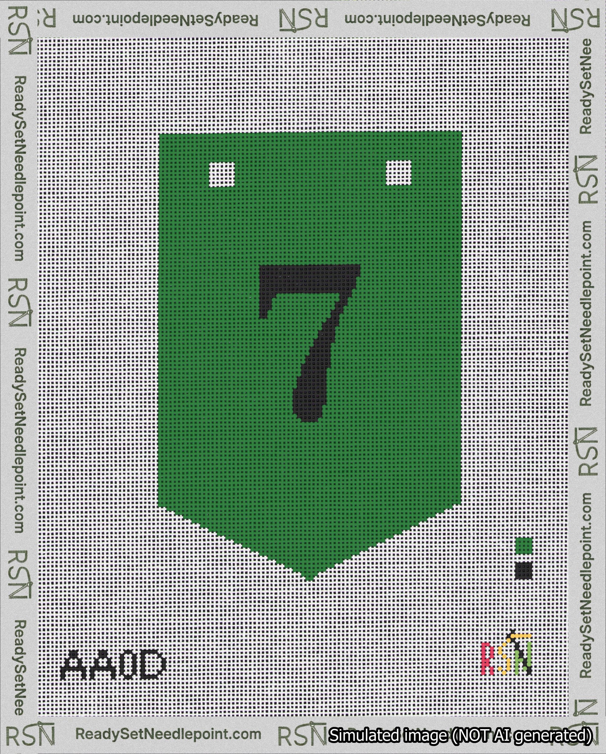 A taped needlepoint canvas with the design: Banner 18 mesh count Pointed 7 Black on Green.