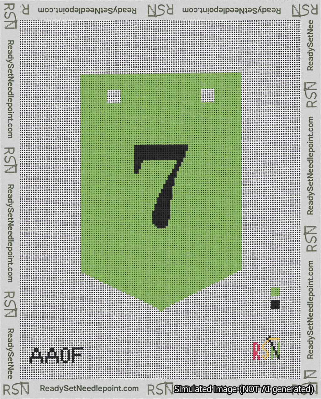 A taped needlepoint canvas with the design: Banner 18 mesh count Pointed 7 Black on Light Green.