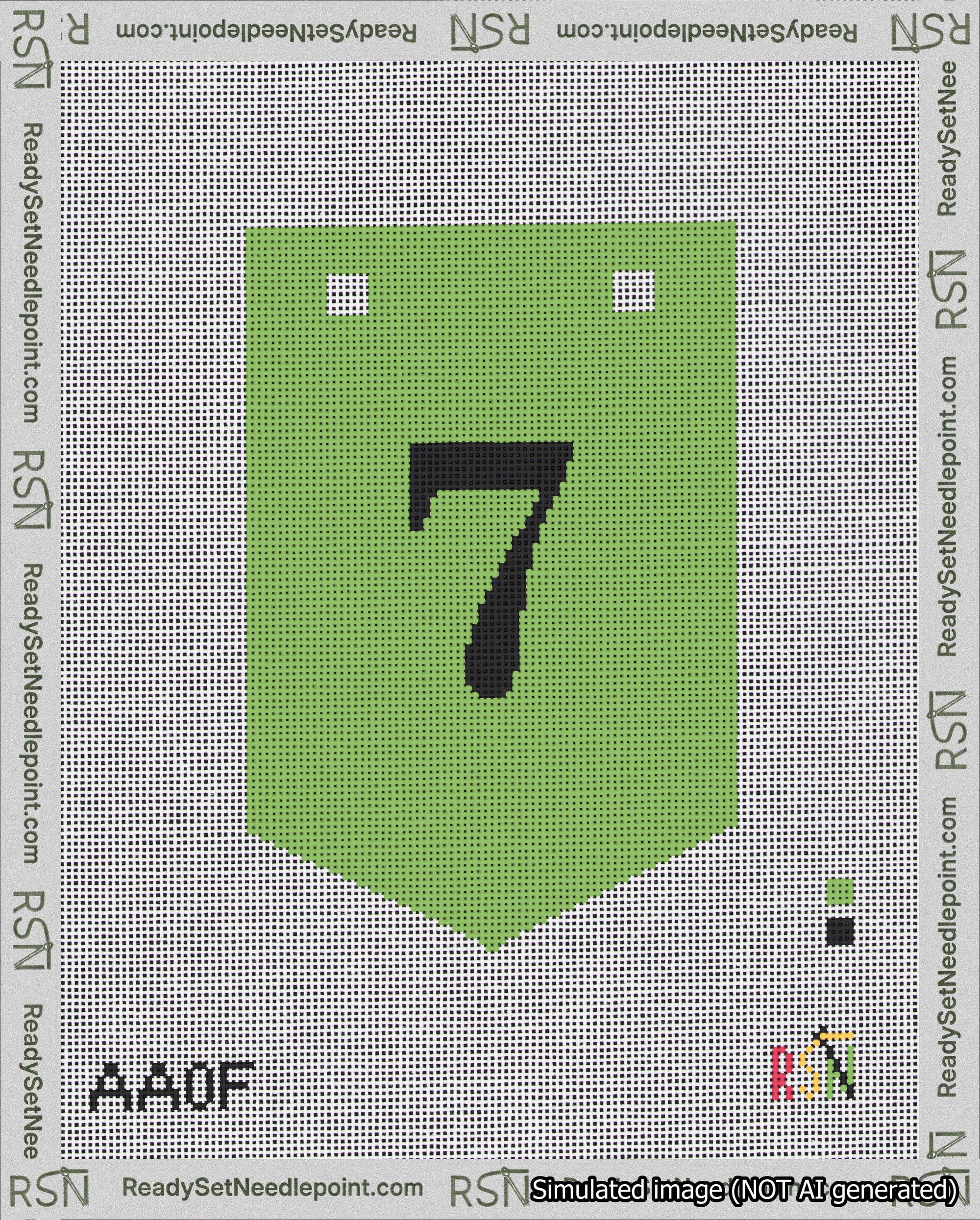 A taped needlepoint canvas with the design: Banner 18 mesh count Pointed 7 Black on Light Green.