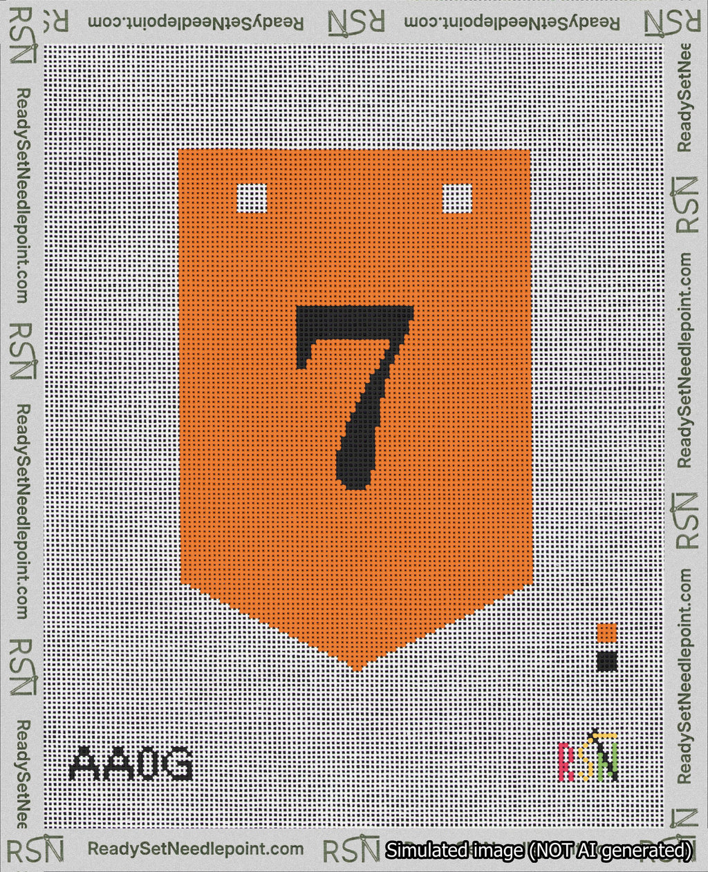 A taped needlepoint canvas with the design: Banner 18 mesh count Pointed 7 Black on Orange.