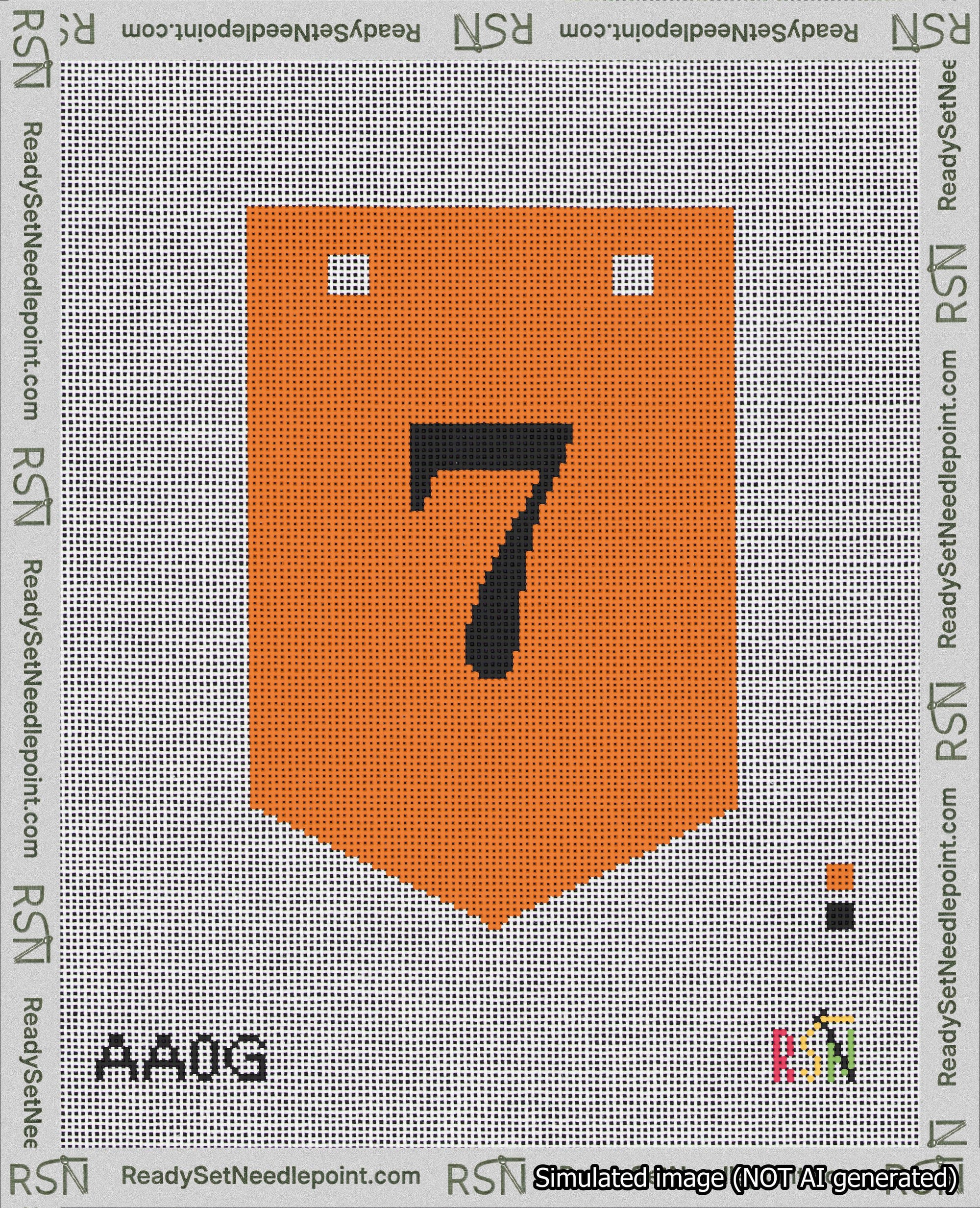 A taped needlepoint canvas with the design: Banner 18 mesh count Pointed 7 Black on Orange.