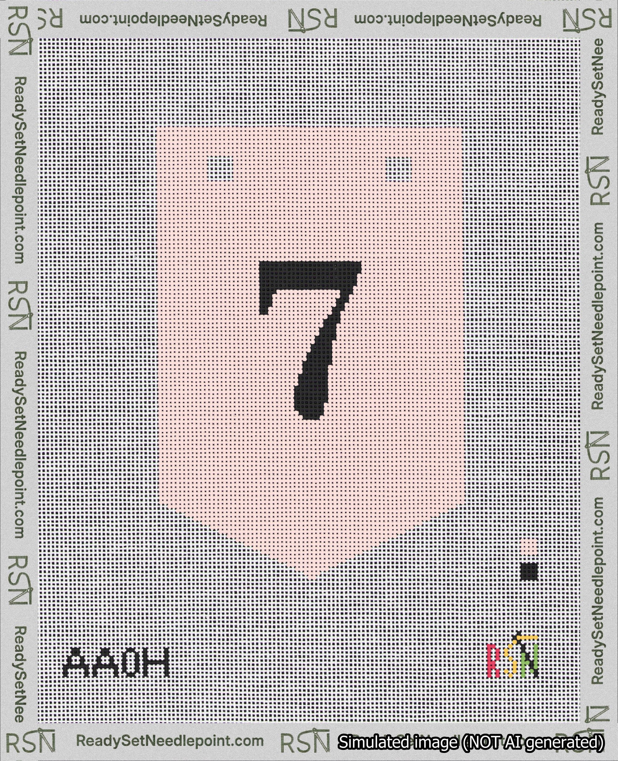 A taped needlepoint canvas with the design: Banner 18 mesh count Pointed 7 Black on Pink.