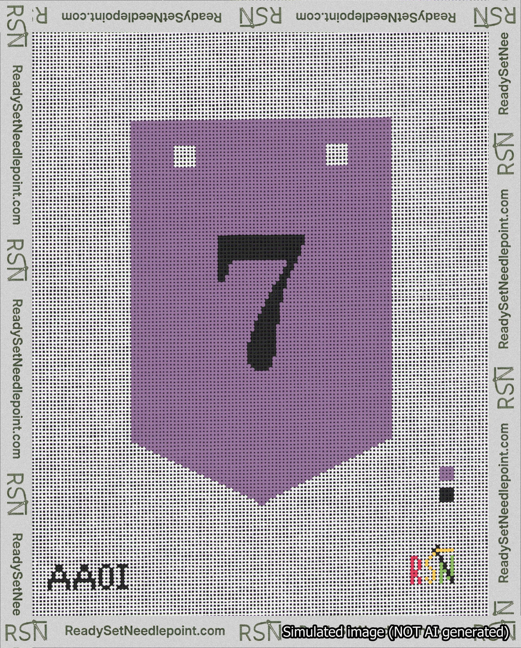 A taped needlepoint canvas with the design: Banner 18 mesh count Pointed 7 Black on Purple.