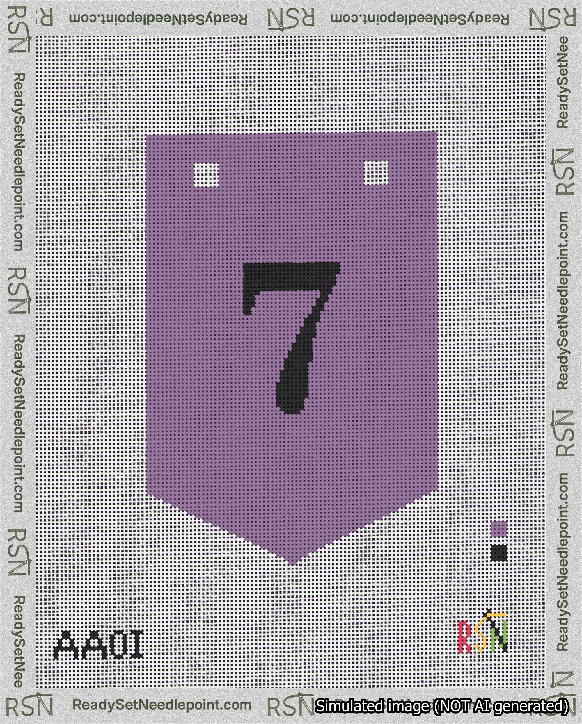 A taped needlepoint canvas with the design: Banner 18 mesh count Pointed 7 Black on Purple.