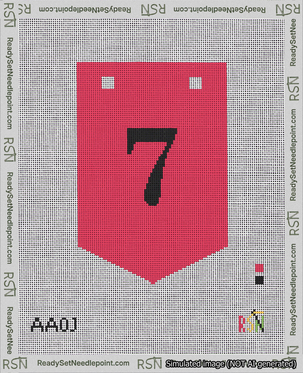 A taped needlepoint canvas with the design: Banner 18 mesh count Pointed 7 Black on Red.