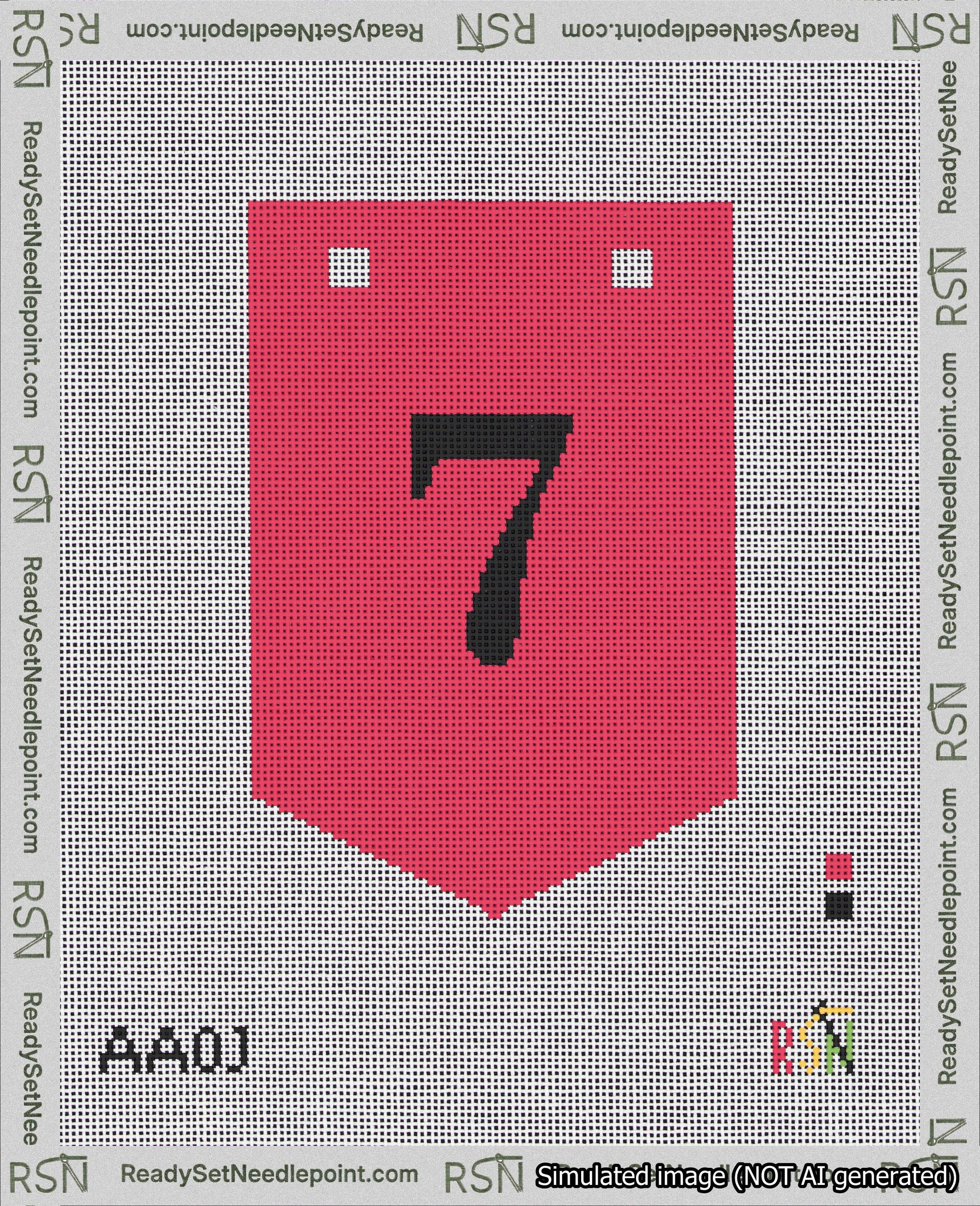 A taped needlepoint canvas with the design: Banner 18 mesh count Pointed 7 Black on Red.