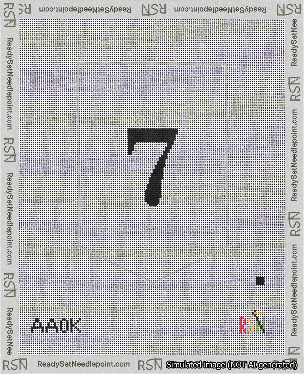 A taped needlepoint canvas with the design: Banner 18 mesh count Pointed 7 Black on White.