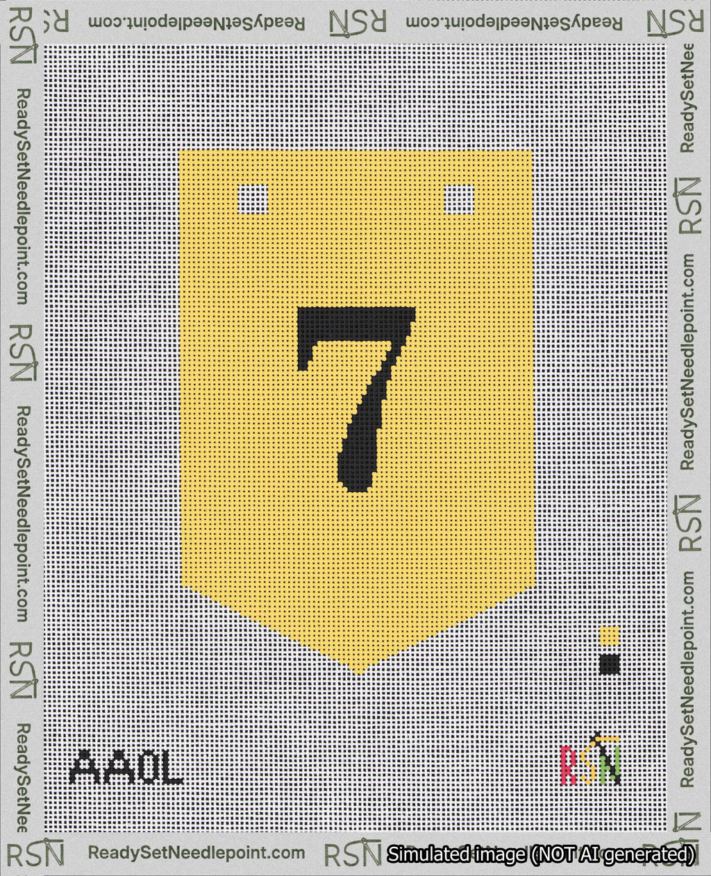 A taped needlepoint canvas with the design: Banner 18 mesh count Pointed 7 Black on Yellow.