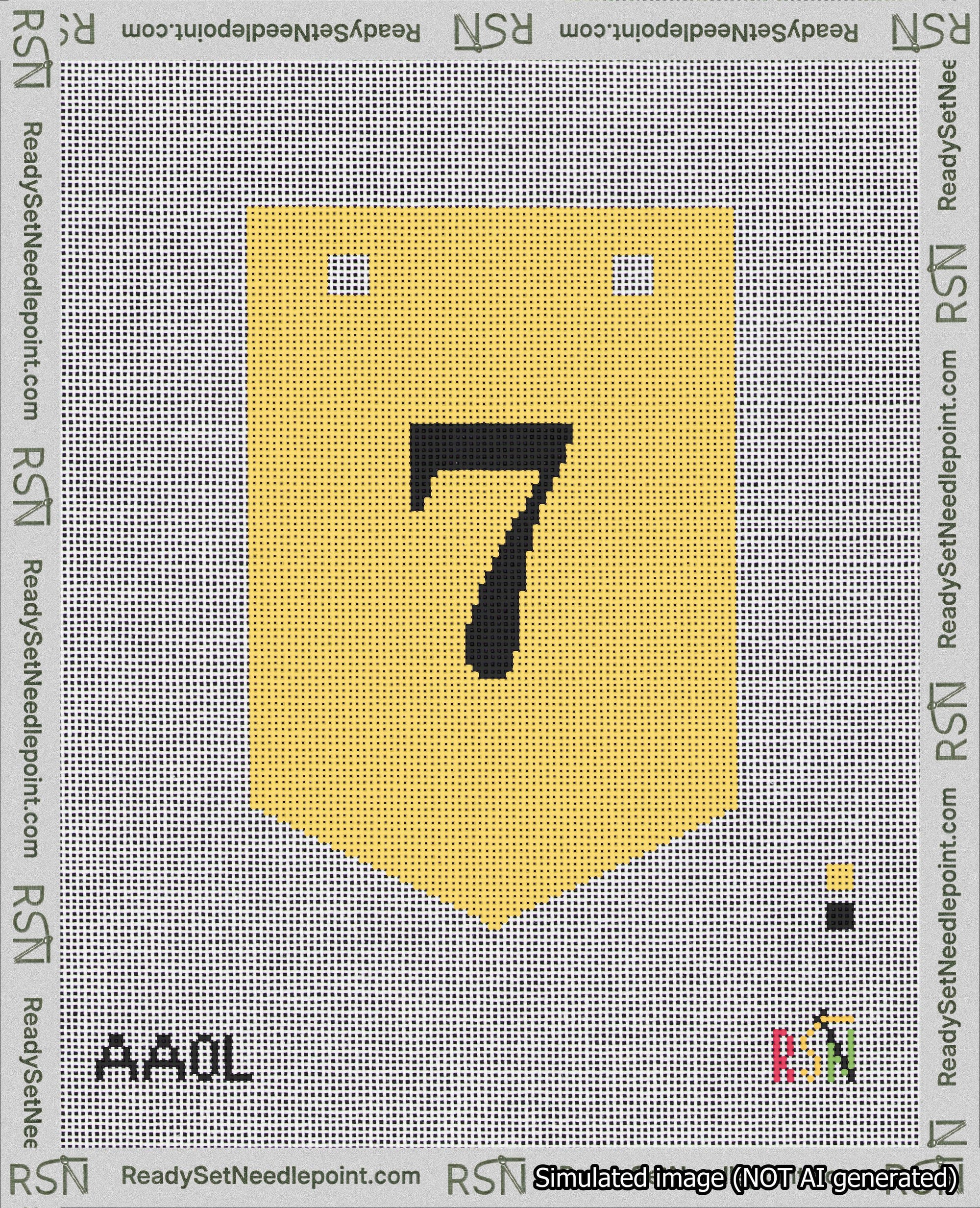 A taped needlepoint canvas with the design: Banner 18 mesh count Pointed 7 Black on Yellow.