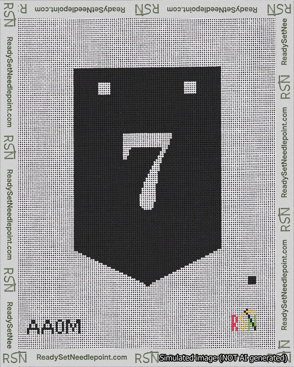 A taped needlepoint canvas with the design: Banner 18 mesh count Pointed 7 White on Black.