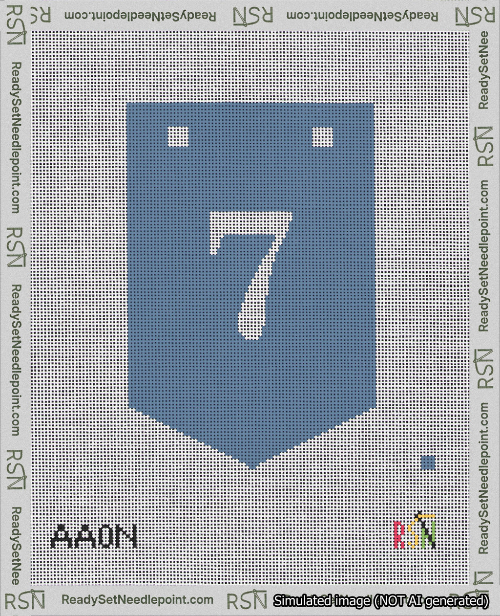 A taped needlepoint canvas with the design: Banner 18 mesh count Pointed 7 White on Blue.