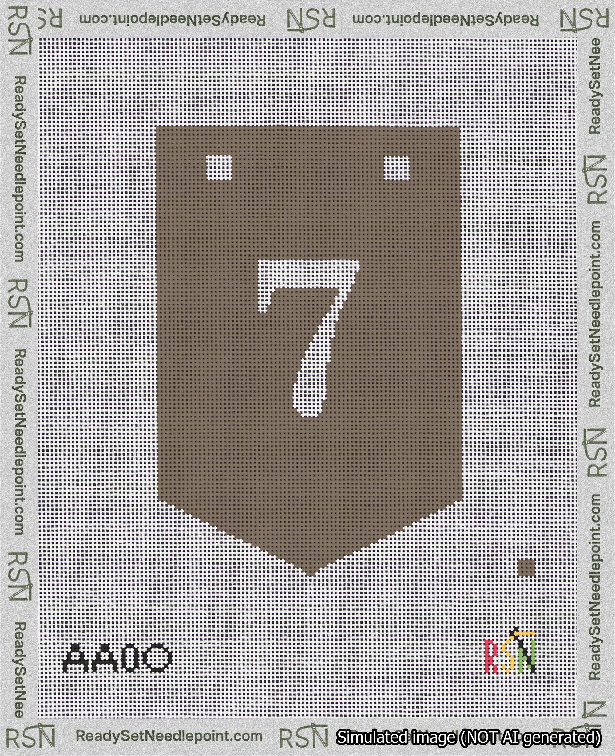 A taped needlepoint canvas with the design: Banner 18 mesh count Pointed 7 White on Brown.