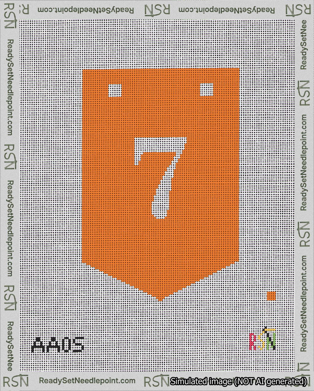 A taped needlepoint canvas with the design: Banner 18 mesh count Pointed 7 White on Orange.