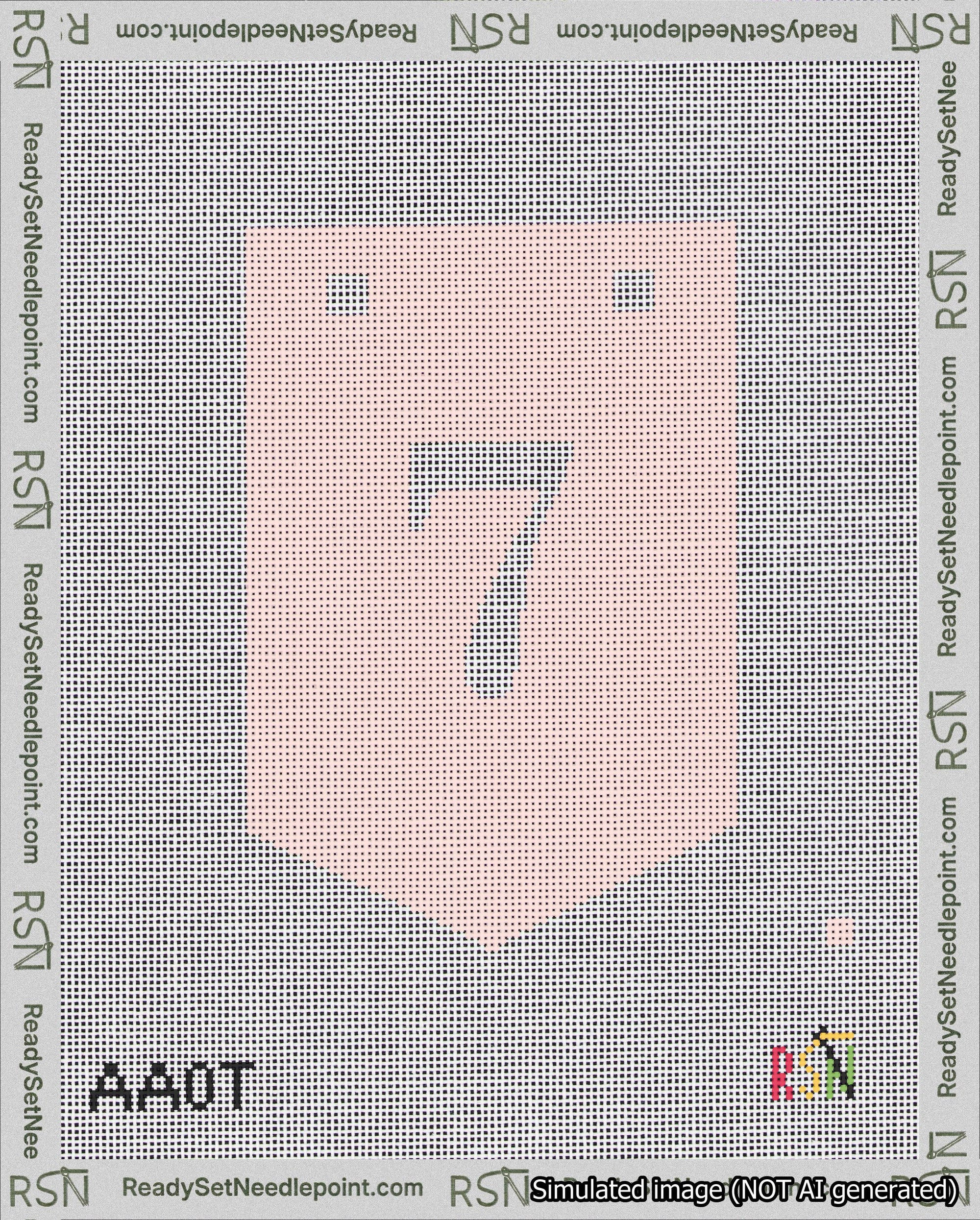 A taped needlepoint canvas with the design: Banner 18 mesh count Pointed 7 White on Pink.