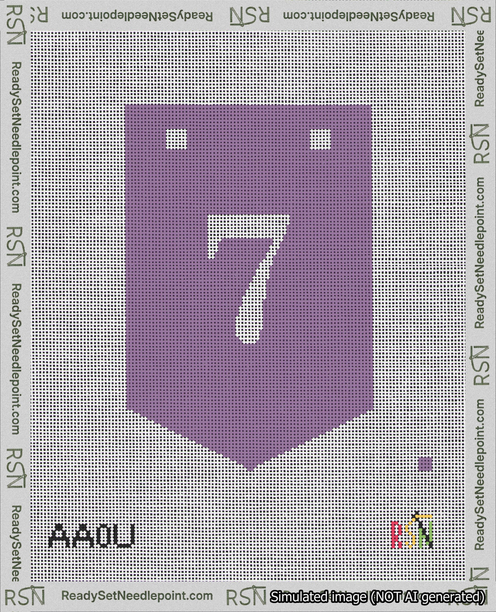 A taped needlepoint canvas with the design: Banner 18 mesh count Pointed 7 White on Purple.