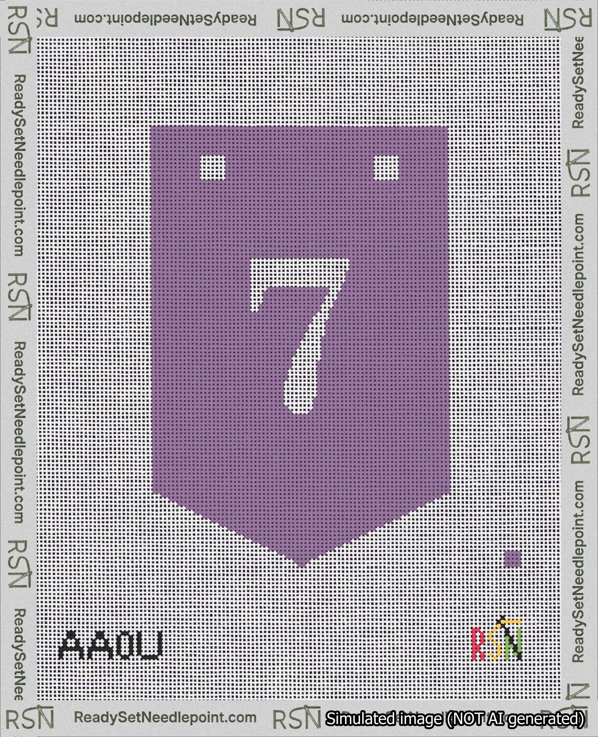 A taped needlepoint canvas with the design: Banner 18 mesh count Pointed 7 White on Purple.