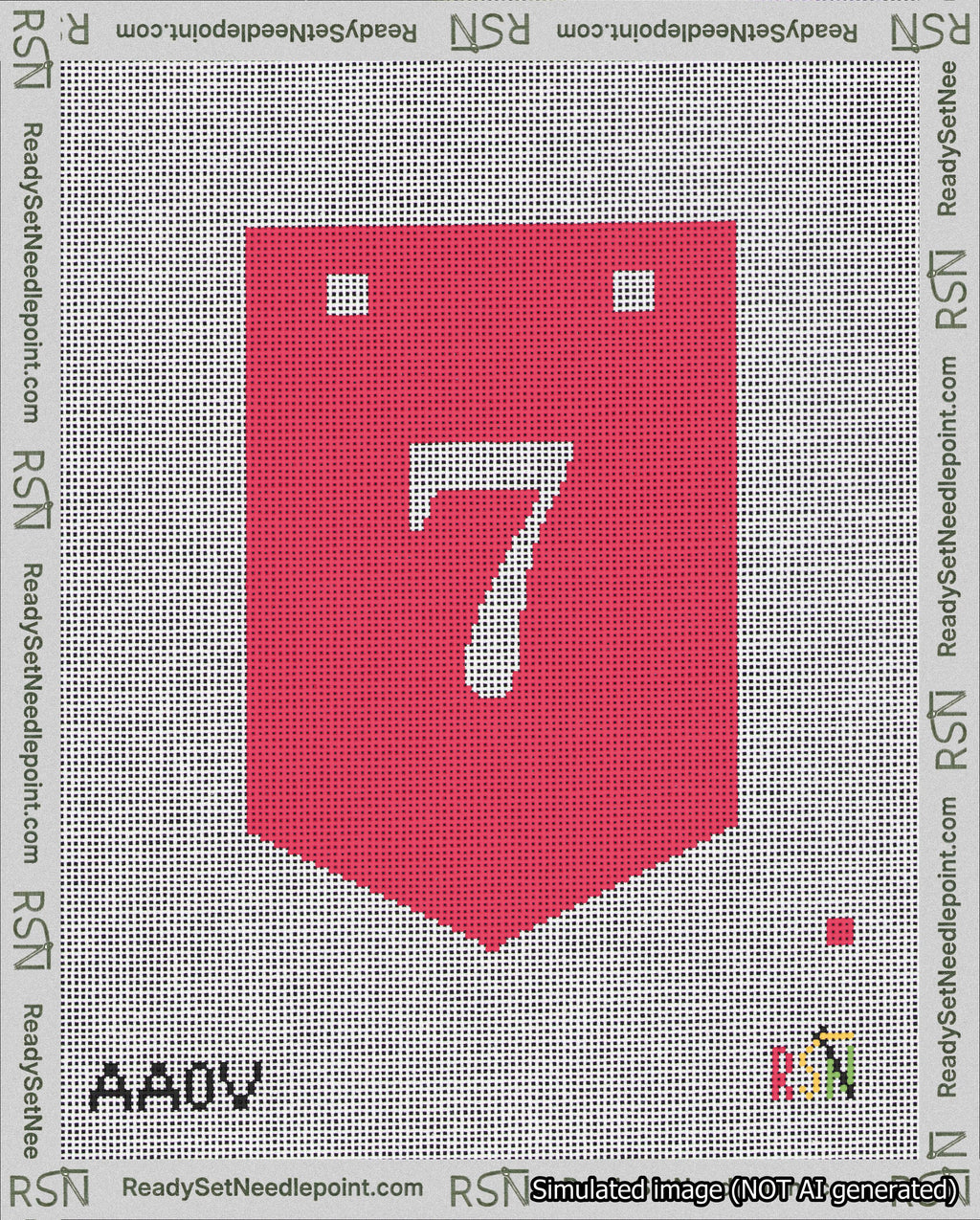 A taped needlepoint canvas with the design: Banner 18 mesh count Pointed 7 White on Red.